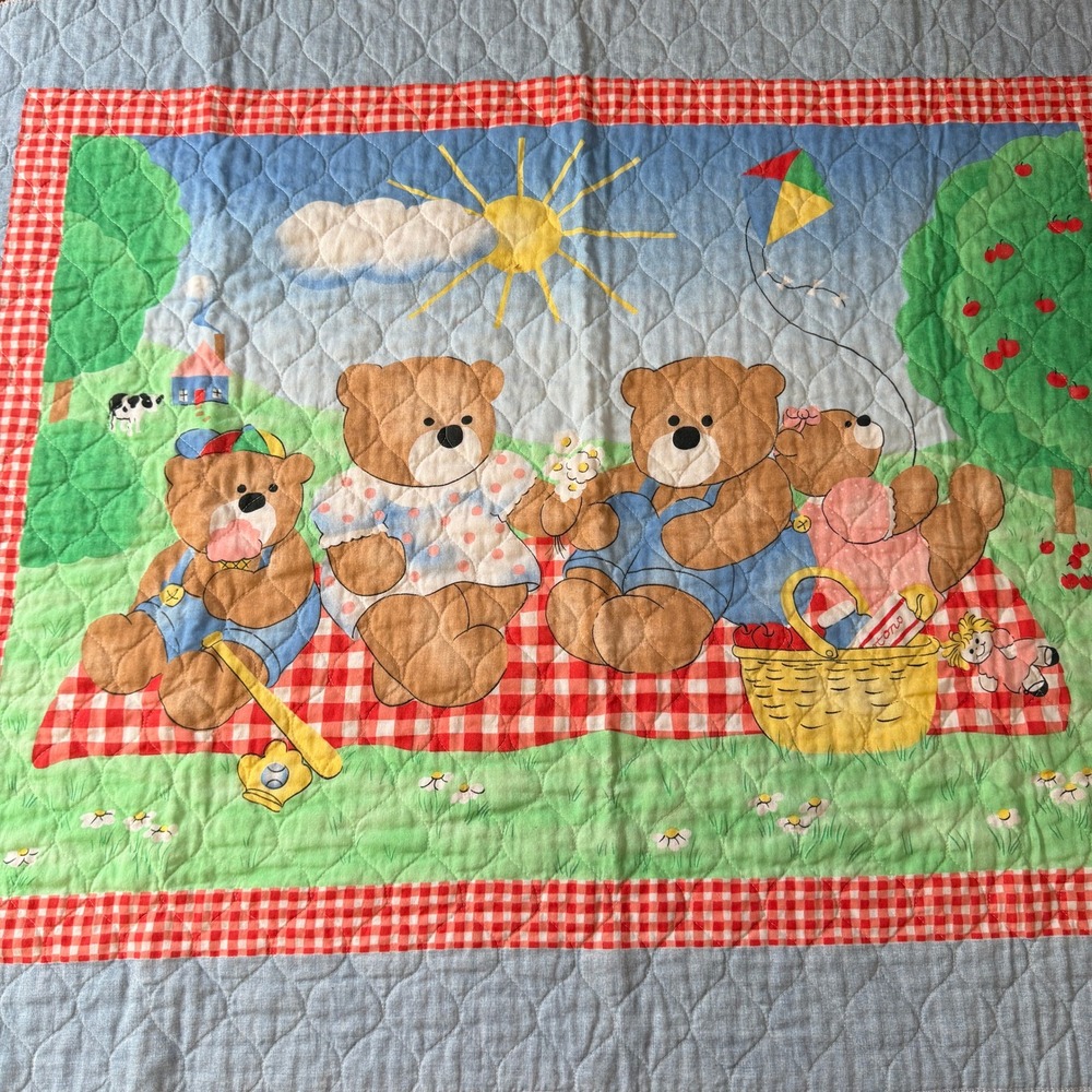 Vintage Teddy Bear Picnic Quilted Baby Blanket Red Gingham Cottagecore Retro
